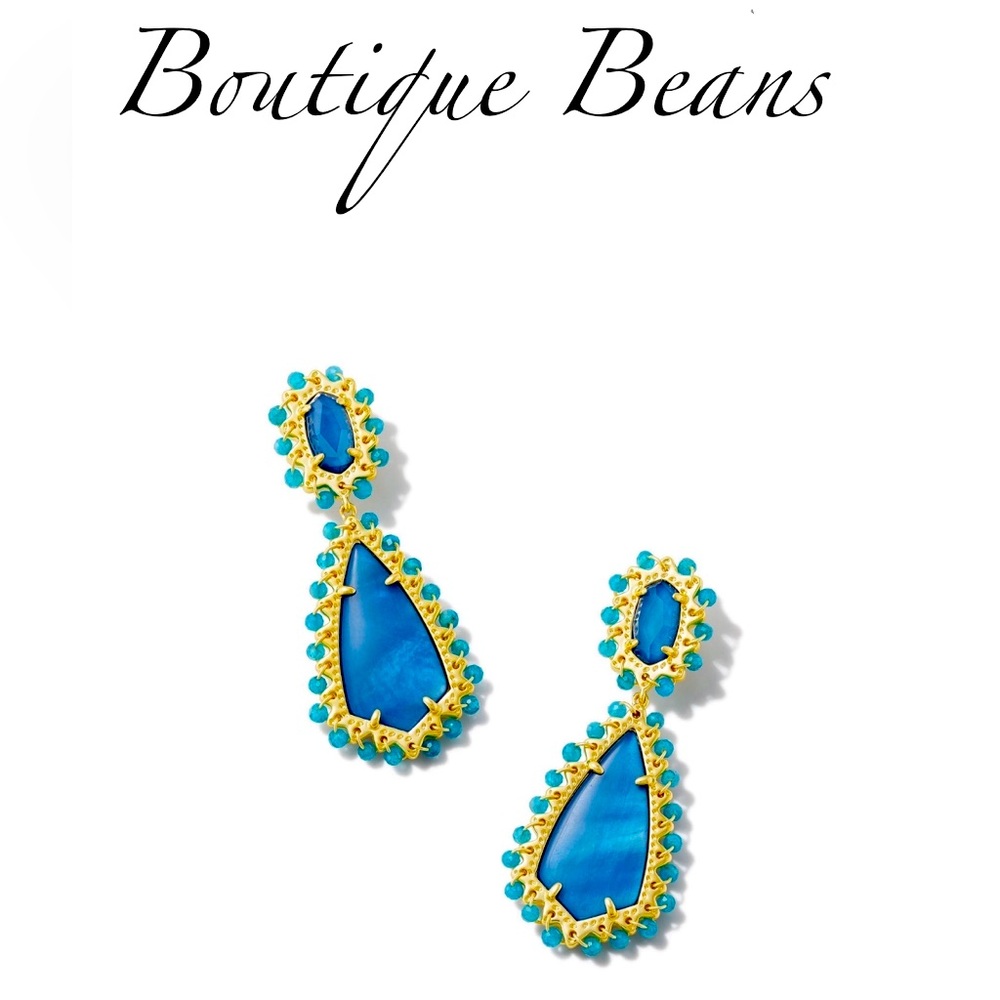 Kendra Scott Beaded Camry Gold Statement Earrings in Blue Mother of Pearl; NWT